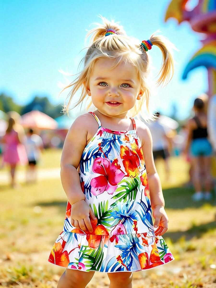SHEIN Playful Pals 女婴休闲可爱彩色条纹印花梭织连衣裙，夏季韩版 - 彩色 - 查看 1