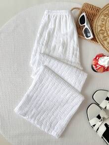 SHEIN Tween Girls' White High-Waisted Textured Fabric Pants, Suitable For Summer - White - View 2