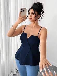 SHEIN Elenzya 大码女式夏季V领收腰吊带西装外套，性感V领露脐上衣，时尚V领双排扣收腰修身吊带西装外套，适合正式场合、鸡尾酒会或夜店穿着。 - 藍色 - 查看 7