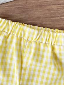 SHEIN 2pcs Baby Girl Toddler/Newborn 0-3Y Cute Casual Striped Bow T-Shirt + Striped Pants Set, Infant Morandi Blue Outfit, Spring/Summer - Yellow - View 7