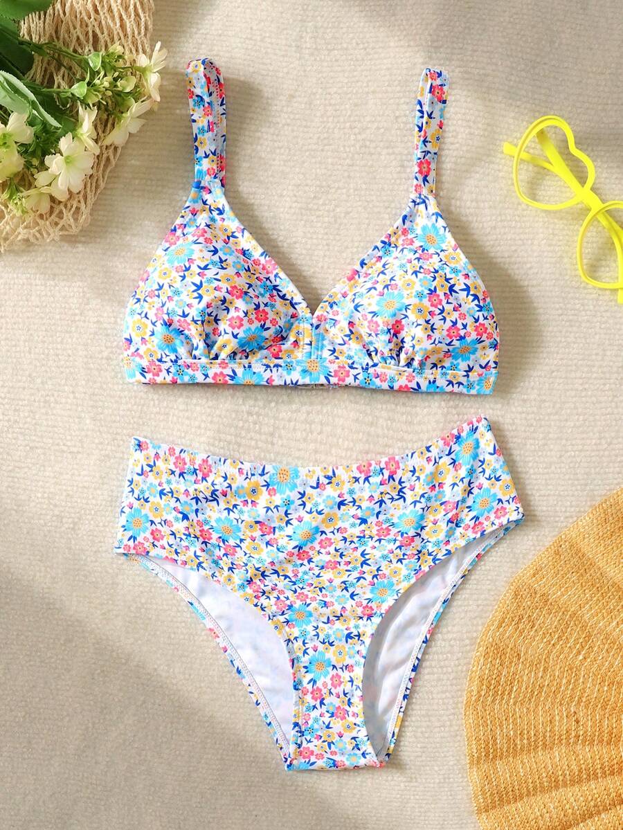 SHEIN Conjunto de tankini de playa con estampado floral aleatorio para niñas preadolescentes - Azul - Ver 1