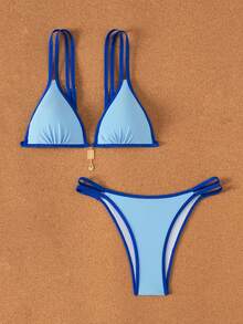 Swim Mod Conjunto de bikini de tirantes finos con ribete de contraste para mujer - Multicolor - Ver 6
