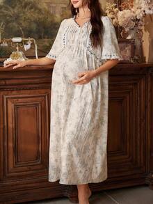 PalaceNights Palace Style Blue Floral Print & Ruffle Front V-Neck Short Sleeve Maternity Nightgown - Multicolor - View 1