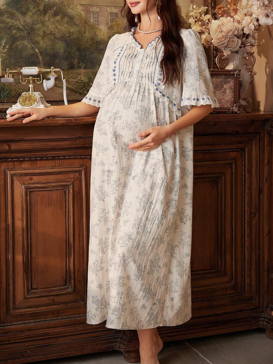 PalaceNights Palace Style Blue Floral Print & Ruffle Front V-Neck Short Sleeve Maternity Nightgown - Multicolor - View 1