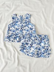 SHEIN Vintaside Kids 2件組女嬰可愛休閒格紋細肩帶背心與短褲套裝，適合戶外出遊度假，藍白配色夏季款 - 藍色 - 查看 2
