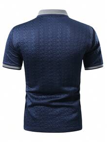 Manfinity Joysei Men's Knitted Jacquard Solid Color Textured Collar Sleeve Hem Ribbed 3-Button Polo Shirt - Royal Blue - View 5