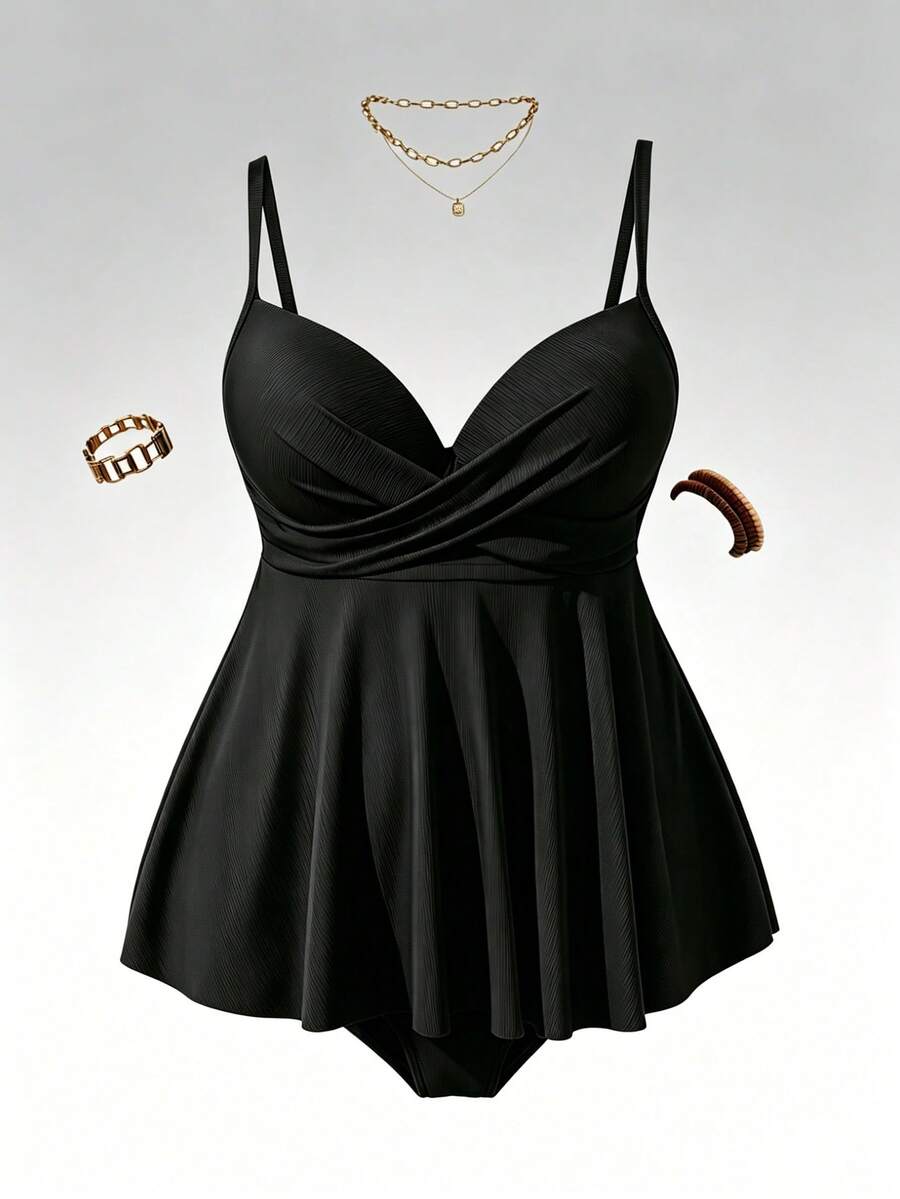 SHEIN Swim Curve 2pcs Plus Size Women Solid Color Spaghetti Strap Padded Stomach Concealing Split Style Casual Vacation Swimwear Set For Summer - Black - View 1