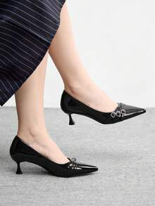 CUCCOO BIZCHIC 女鞋 女士尖头小猫跟鞋，黑色多条纹交叉低鞋面，日常通勤百搭工作休闲一脚蹬女式高跟鞋 - 黑色 - 查看 1