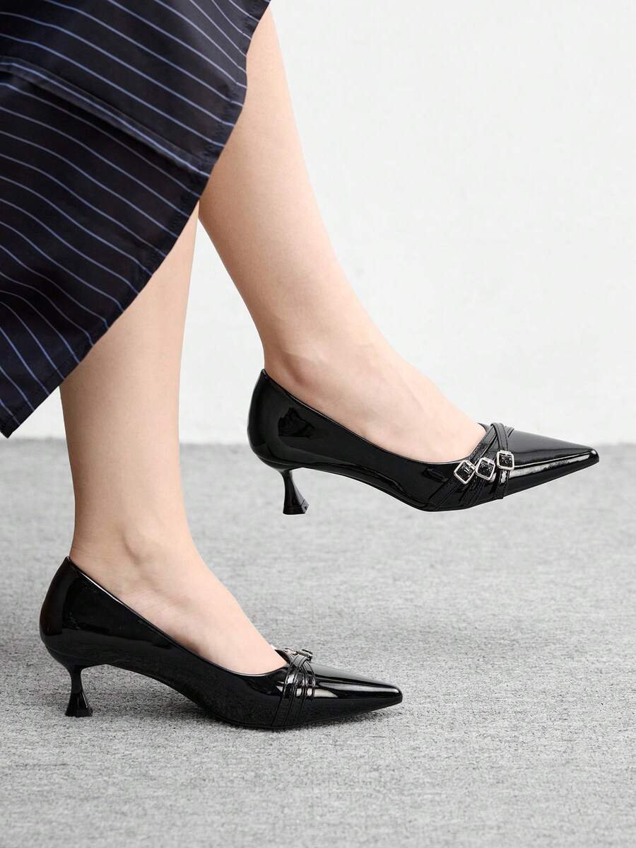 CUCCOO BIZCHIC 女鞋 女士尖头小猫跟鞋，黑色多条纹交叉低鞋面，日常通勤百搭工作休闲一脚蹬女式高跟鞋 - 黑色 - 查看 1