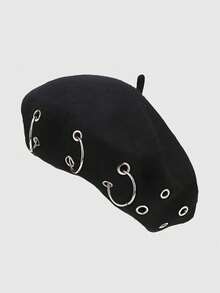 ROMWE Grunge Punk 1 pieza Gorro de boina estilo punk con remaches circulares huecos, gorra de periódico redonda con colgante Y2K, artículo de moda personalizado para uso diario - Multicolor - Ver 8