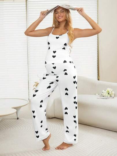 SHEIN 孕妇爱心印花针织吊带背心和裤子套装