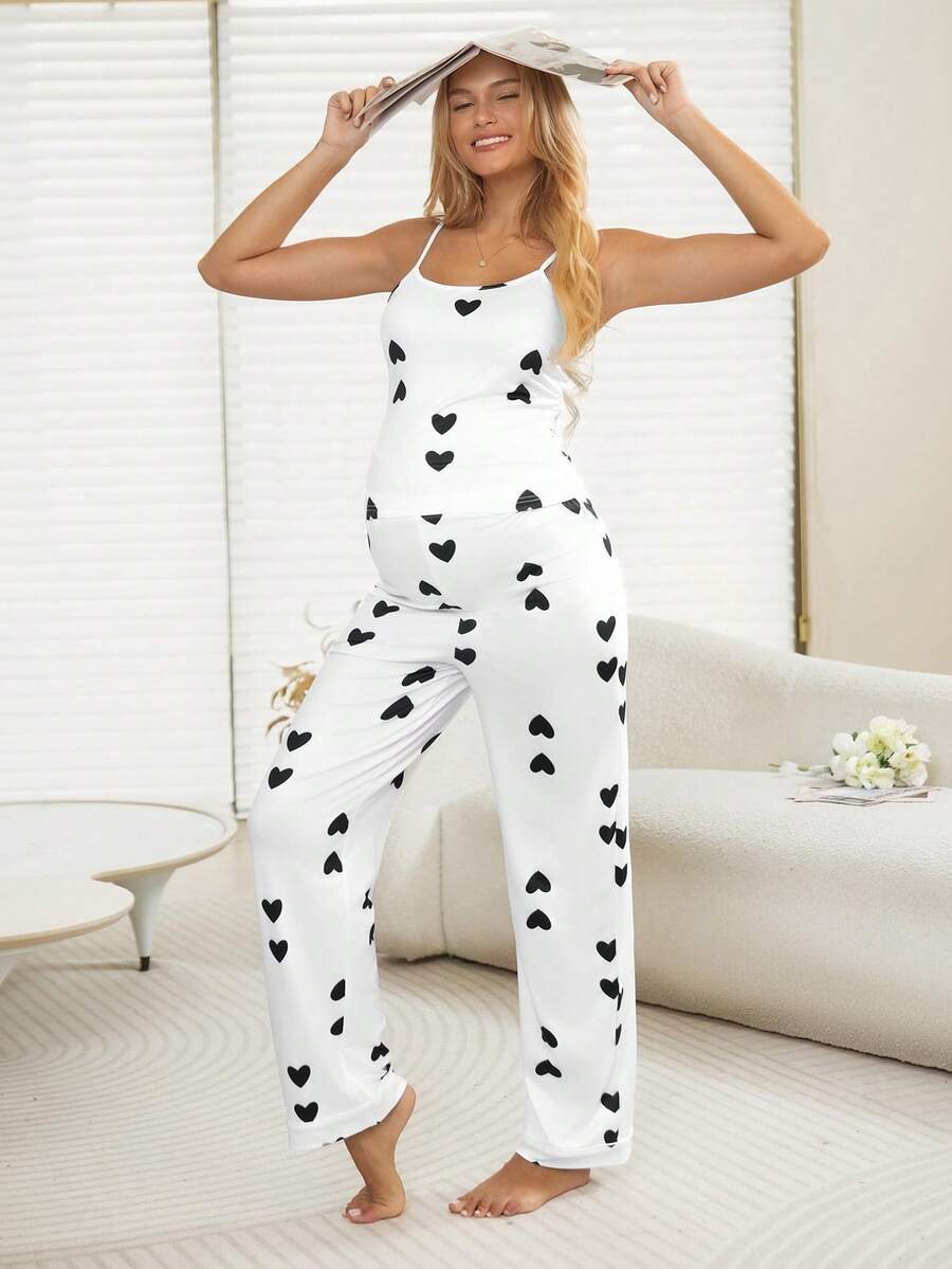 SHEIN Maternity Heart Print Knit Camisole Top And Pants Set - Multicolor - View 1