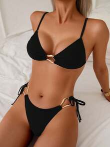 SHEIN Swim SXY 2pcs/Set Women Solid Color Metal Decor Vacation Casual Bikini Set For Summer - Black - View 6