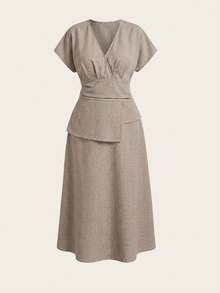SHEIN Essnce Plus Size Summer Khaki Elegant Everyday Women's Crossover Wrap Pleated Slim Waist Shirt Blouse Dress Textured Suit-Style Mermaid Flare Sleeve Dress - Khaki - View 1