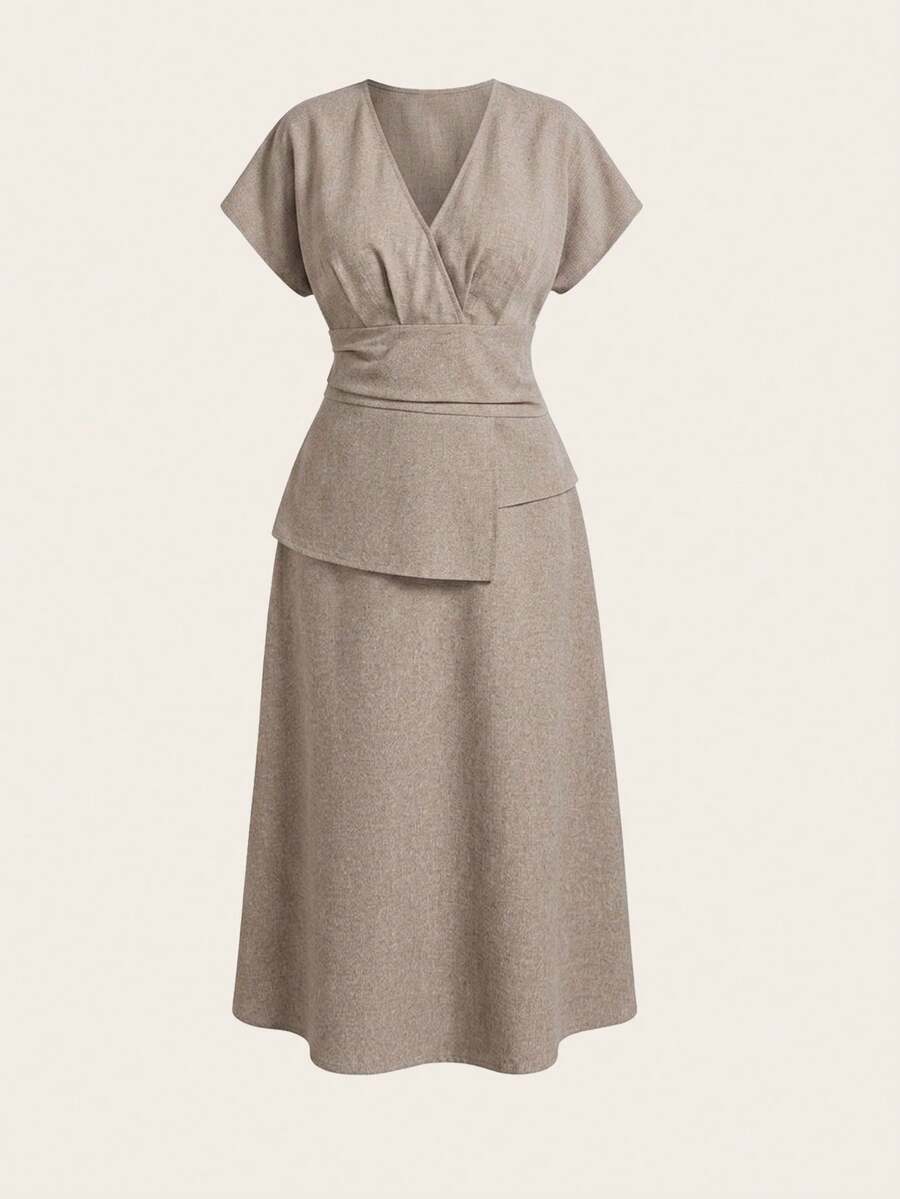 SHEIN Essnce Plus Size Summer Khaki Elegant Everyday Women's Crossover Wrap Pleated Slim Waist Shirt Blouse Dress Textured Suit-Style Mermaid Flare Sleeve Dress - Khaki - View 1