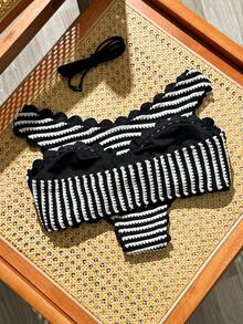 SHEIN Swim 2026 New Spring/Summer Women 2 Pieces Swimwear, Elegant Casual Beach Vacation Swimwear Set - Black and White - View 2