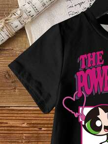 THE POWERPUFF GIRLS X SHEIN 女童圆领短袖休闲百搭T恤 - 白色 - 查看 6