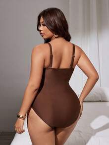 Swim Lushoire 2026 New Plus Size Women's Coffee Strapless Hollow-Out One-Piece Swimsuit, Elegant Ladies Beach Swimwear, Summer Holiday Outfit, Classy Beachwear - Coffee Brown - View 2