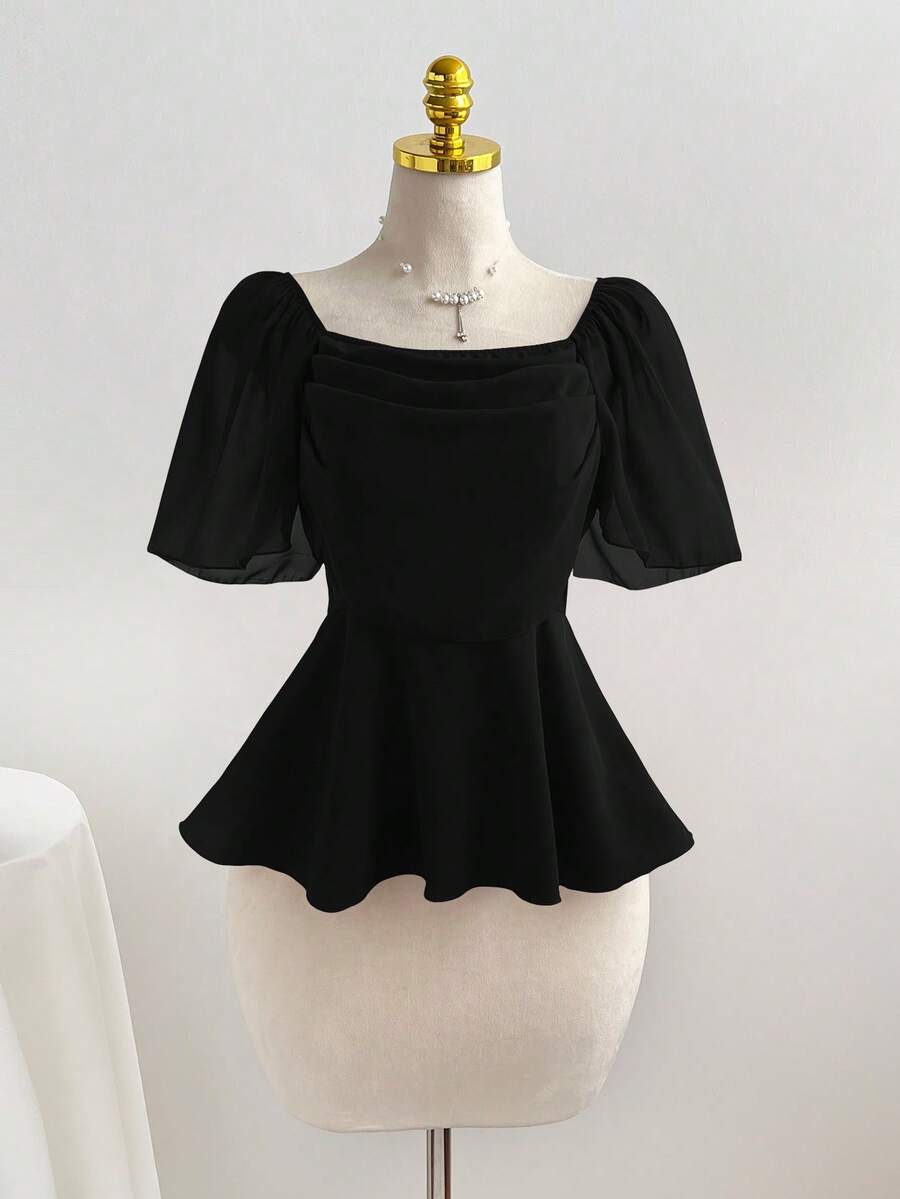 Elamini Áo nữ cổ vuông, eo xếp ly, vạt xòe - màu đen - Xem 1
