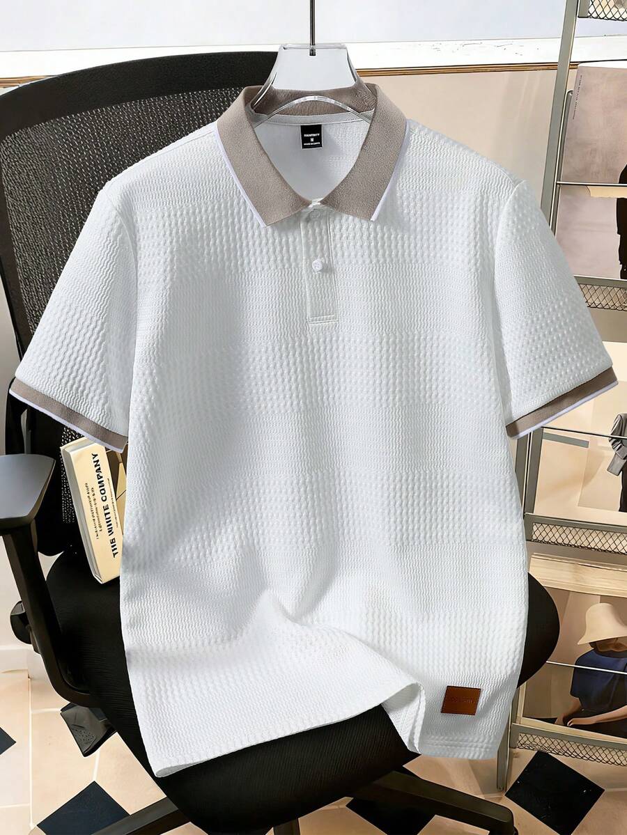 Manfinity Joysei 男士针织提花纹理纯色罗纹领口袖口双扣 Polo 衫 - 白色 - 查看 1
