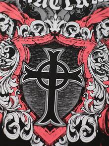 ROMWE MEN Goth Men's Skull Wing Cross Print Short Sleeve T-Shirt - Black - View 5