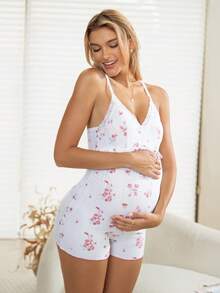 GentleRue Maternity White Summer Glam Silky Family Matching Maternity Rose Floral Pattern U-Neck Bowknot Back Jacquard Knit Jumpsuit Romper Baby Shower Outfit Clothes Set - Pink - View 7