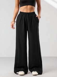 Dewbera 女士休闲舒适百搭黑色长裤，带抽绳腰带和侧袋 - 黑色 - 查看 7