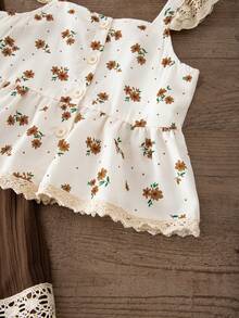 SHEIN Genkimix Kids Young Girl Floral Print Ruffle T-Shirt And Wide Leg Pants Casual 2-Piece Set - Brown - View 6