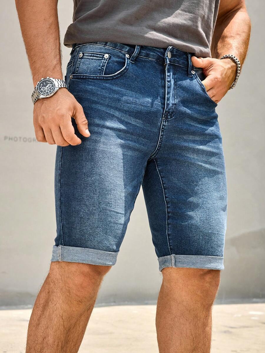 Manfinity Homme 加大码男士休闲修身牛仔短裤,卷边裤脚,适合日常穿着和通勤,夏季百搭 - 藍色 - 查看 1
