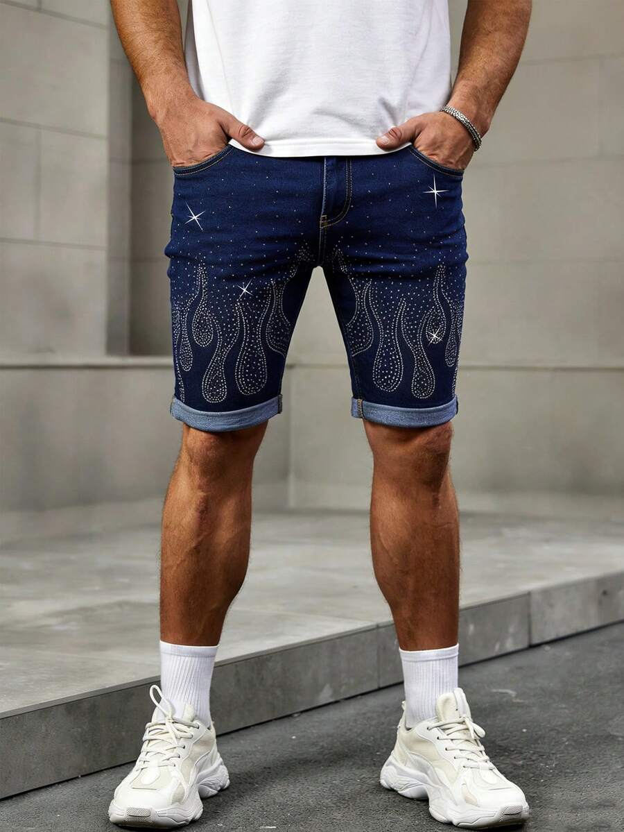 Manfinity Homme American Streetwear Distressed Denim Shorts With Rhinestones - Blue - View 1
