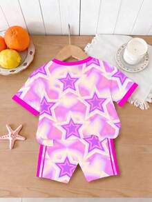 女童（小号）T恤套装，甜美韩流风格儿童套装，粉紫色渐变星形元素，活力少女印花，短袖+短裤，时尚吸睛，展现青春酷感 - 彩色 - 查看 2