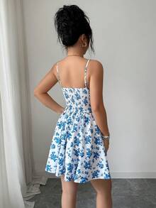 Allurite Casual Vacation Blue & White Ditsy Floral Sleeveless Pleated Front Ruffle Hem One-Piece Dress, Vacation Dress, Beach Dress, Summer Dress, Daily Dress - Blue - View 2