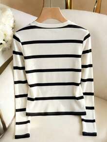 Franclia Camiseta de manga larga con cuello redondo, decoración de botones, rayas negras y blancas, acanalada, elegante para oficina, blusas casuales de negocios, suéteres tipo pullover para otoño para mujer - Beis - Ver 3