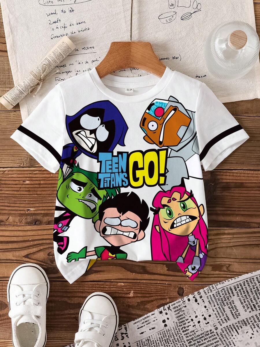 Teen Titans Go X SHEIN Áo thun ngắn tay cổ tròn in chữ và hoạt hình cho bé trai - trắng - Xem 1