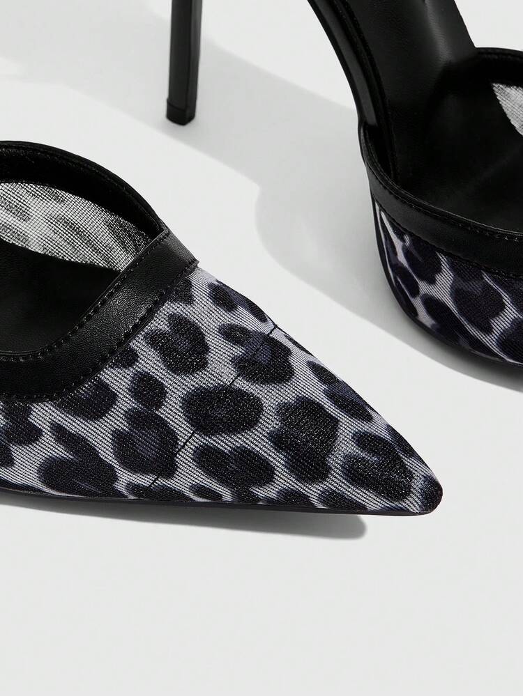 CUCCOO SZL Women Shoes Spring And Summer New Black Leopard Print Light Mesh Ankle Strap Pointed Stiletto Single Shoes, Sexy Dinner Party Nightclub Wear