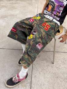 Men's Embroidered Pattern Pearl Decor Loose Camouflage Denim Shorts - Army Green - View 4