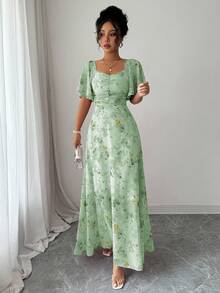 Modelyn Gaun Musim Panas Wanita Chiffon Motif Kupu-kupu Lengan Kelelawar Berlipit Gaya Prancis yang Manis - Hijau abu-abu - View 6