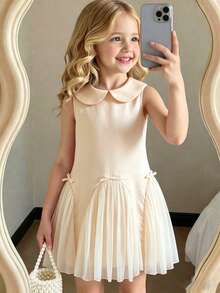Elladie kids 1pc Girls' Sweet Peter Pan Collar Bow Splice Mesh Sleeveless A-Line Dress, Suitable For Daily Gatherings, Festivals And Celebrations, Princess Dress - Apricot - View 2