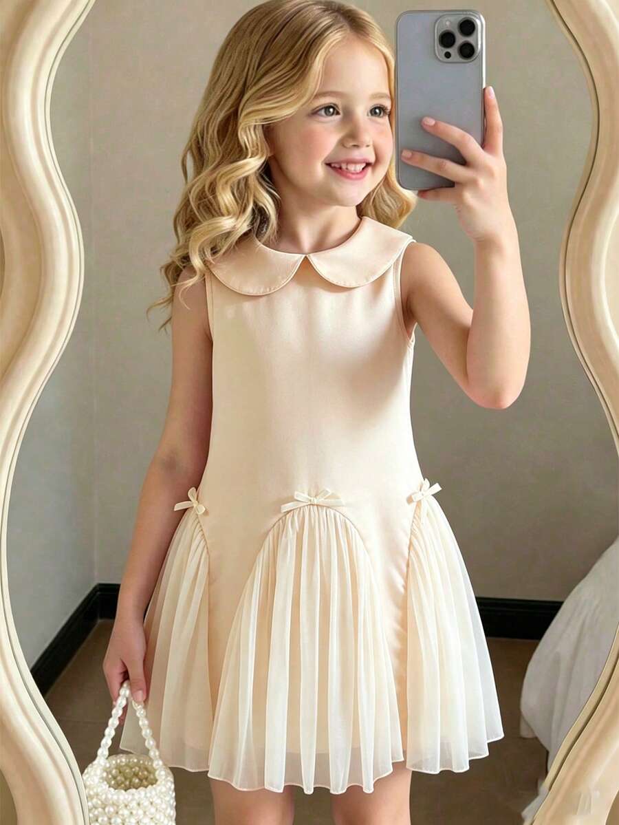 Elladie kids 1pc Girls' Sweet Peter Pan Collar Bow Splice Mesh Sleeveless A-Line Dress, Suitable For Daily Gatherings, Festivals And Celebrations, Princess Dress