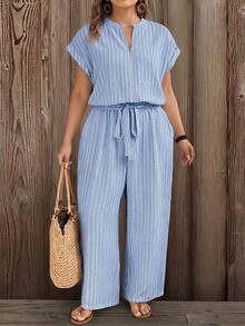 EMERY ROSE Large-Sized Woven Striped Vacation Casual Women's Jumpsuit - Blue - View 5