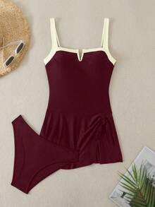 Swim Lushoire Conjunto de 2 piezas de vestido de playa asimétrico con escote en V y contraste de color, adecuado para vacaciones de verano en la playa - Burdeos - Ver 7
