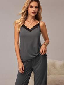 SHEIN Women's Lace Patchwork Camisole Top And Pants Casual Loungewear Set - Dark Grey - View 1
