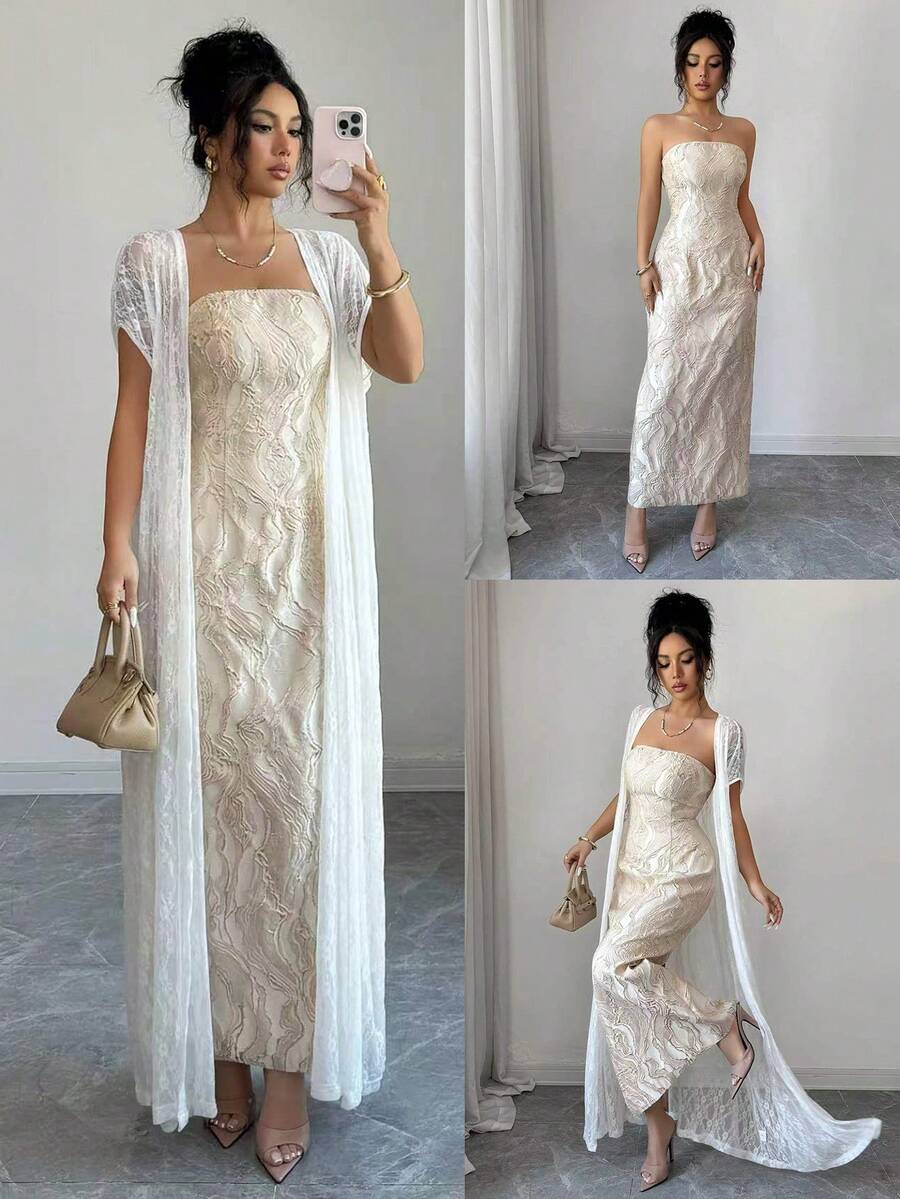 Elenzga Bộ trang phục Hồi giáo tối giản, thanh lịch, đa năng dành cho nữ mùa Xuân/Hè, thiết kế vải jacquard, phối màu tương phản, áo khoác ren dài tay màu trắng kết hợp với váy ôm màu vàng nhạt. - Màu be - Xem 1