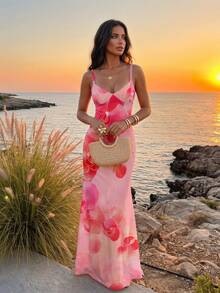 Aloruh 新款春夏度假风粉色兰花吊带系带紧身性感印花连衣裙，夏威夷度假风碎花连衣裙，夏季度假装，沙滩度假连衣裙，粉色连衣裙 - 粉色 - 查看 1