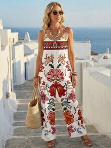EMERY ROSE Bộ jumpsuit nữ phong cách retro in hoa, trang phục đa năng cho kỳ nghỉ. - trắng - Xem 5