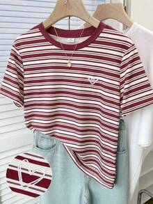青少年女孩休閒百搭甜美紅色條紋愛心刺繡圖案圓領基本款T恤 - 紅色 - 查看 3