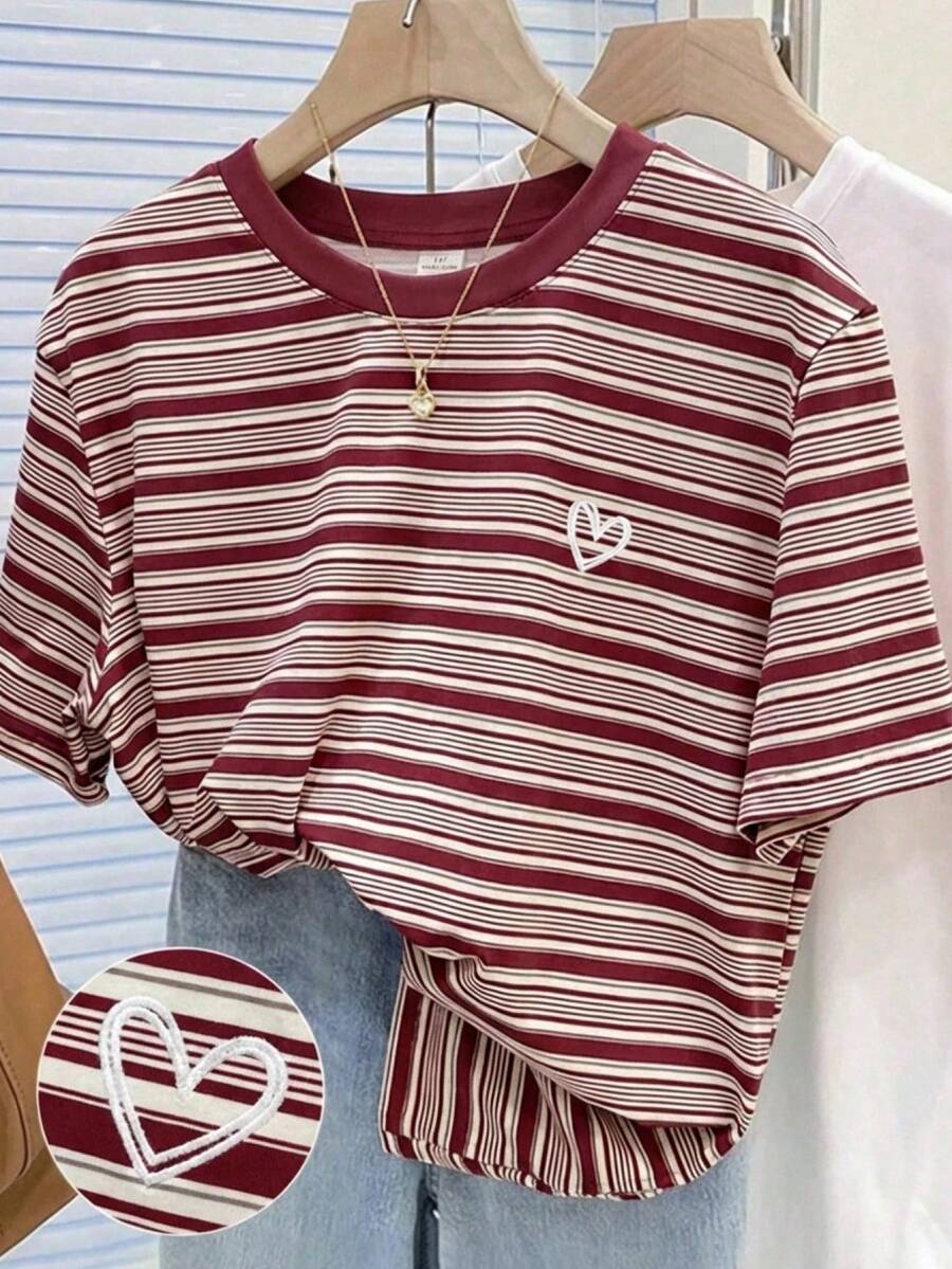 青少年女孩休閒百搭甜美紅色條紋愛心刺繡圖案圓領基本款T恤 - 紅色 - 查看 1