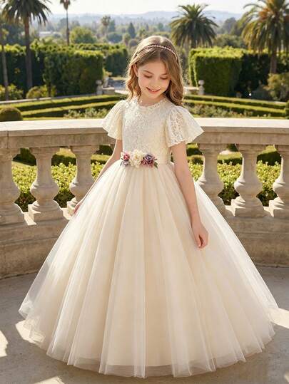 Girls' Apricot Lace Patchwork Mesh Long Dress, Cap Sleeve Summer New Fashion Versatile Party Dress