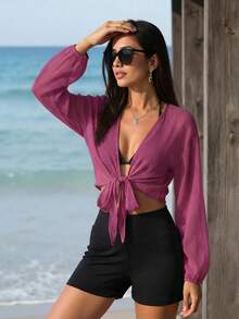 SHEIN Swim Vcay 女士纯色简约日常长袖短款和服罩衫 - 中紫紅色 - 查看 1