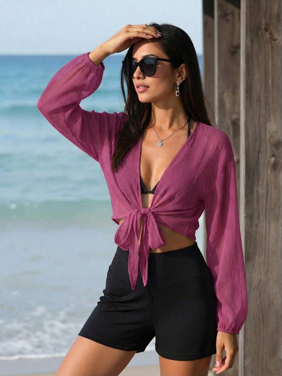 SHEIN Swim Vcay 女士纯色简约日常长袖短款和服罩衫 - 中紫紅色 - 查看 1